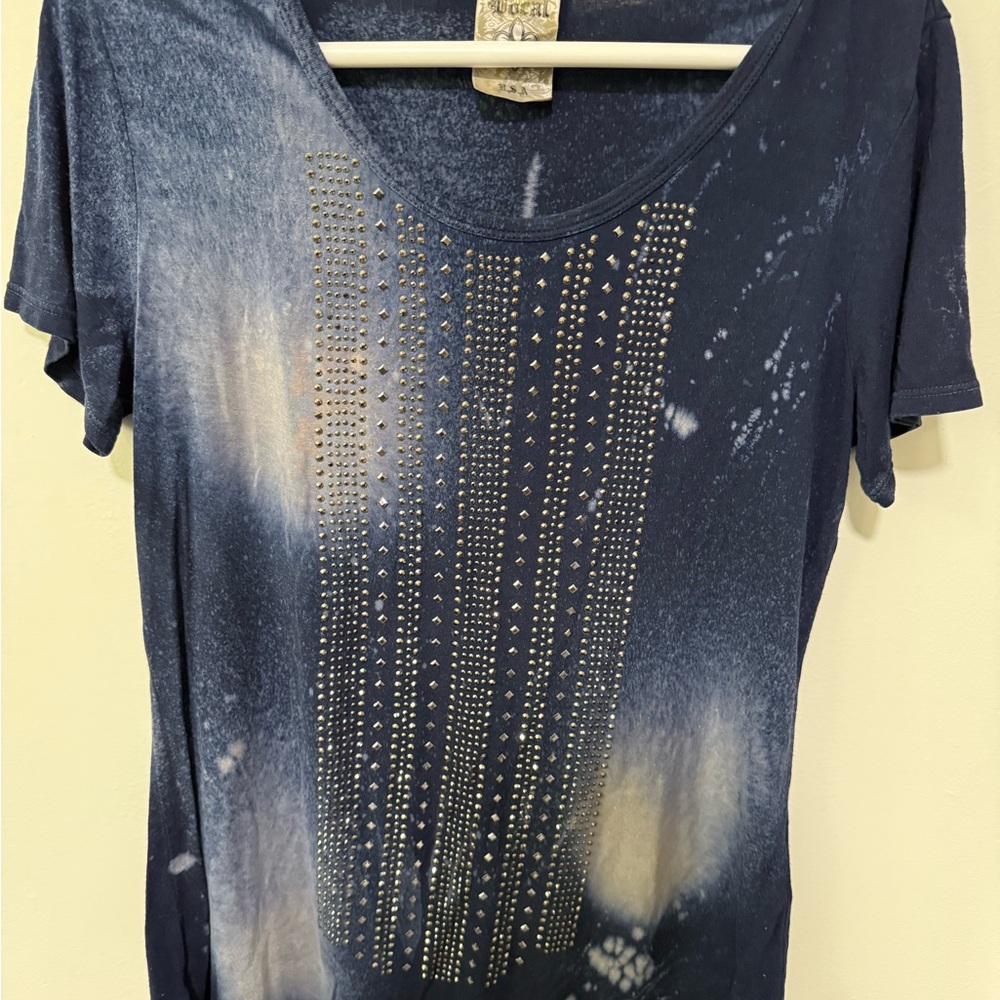Vocal Navy and White Studded Short Sleeve Top